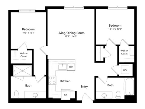Floor plan for 2 beds, 2 baths, 999 sqft